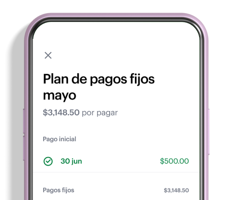 Fotografía de un smartphone con la app Nu abierta en la sección de Plan de Pagos fijos para diferir tu saldo a pagar